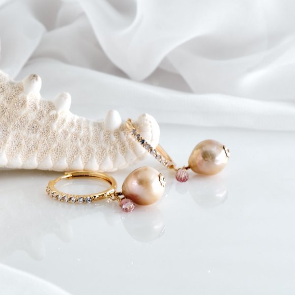 Baroque Pearl & Pink Topaz Hoop Earrings, 14K Gold Filled CZ Hoops - Picture 8 of 11